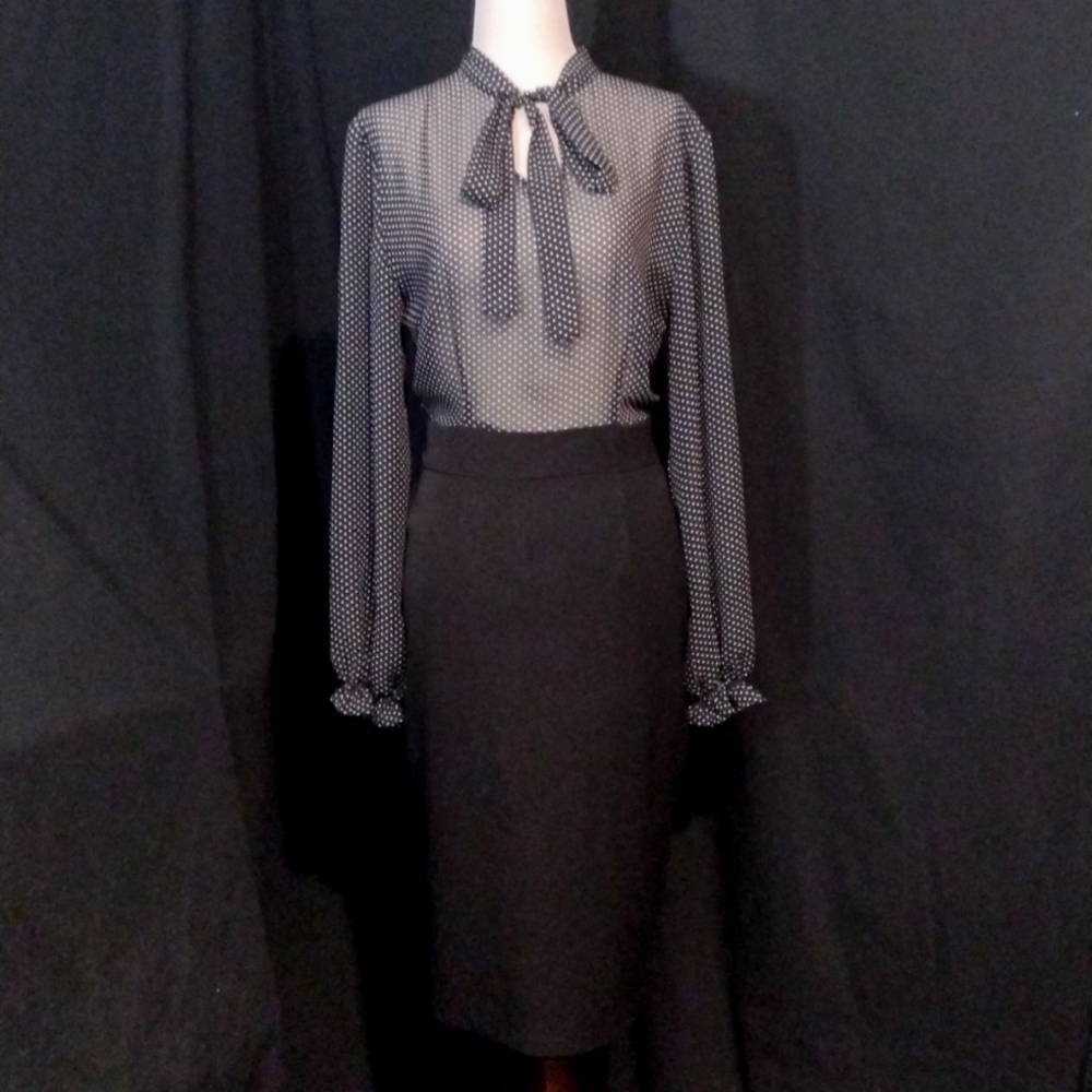 One Piece LS Dress Sheer Black w/ White Polka Dot Tie Neck Top Black Bottom Sz L